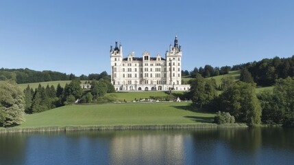 Obraz premium Majestic Castle Overlooking Serene Lake with Lush Greenery and Clear Blue Sky in Picturesque Countryside Setting