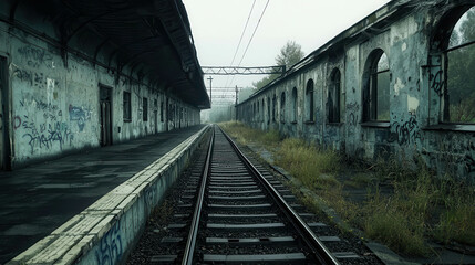 Obraz premium Abandoned Train Station with Overgrown Platforms and Graffiti in Foggy Atmosphere