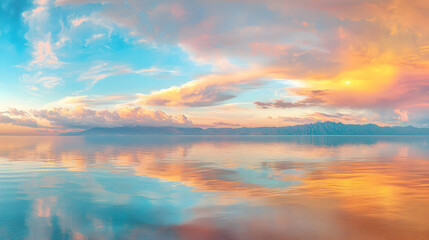 Serene sunset over calm lake, mountains reflecting, peaceful scene