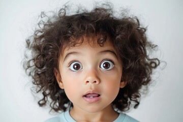 A toddler with curly hair looks surprised