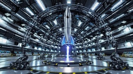 Futuristic Spaceship Launch Bay with Sleek Rocket and Robotic Arms