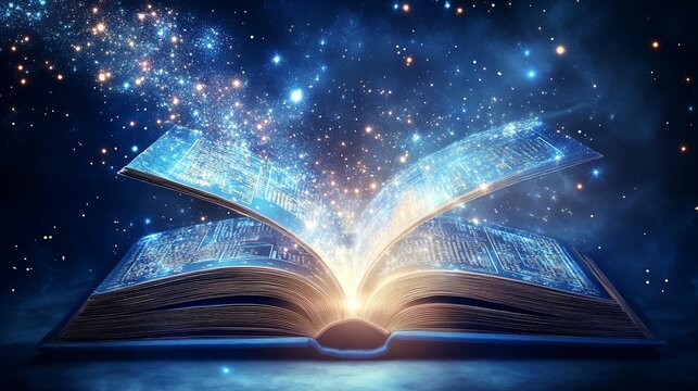 Open book with glowing schematics and starlight, creating a magical scene of cosmic knowledge