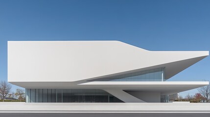 Obraz premium Modern Architectural Building with Sleek White Exterior and Glass Windows in Urban Setting on a Clear Day