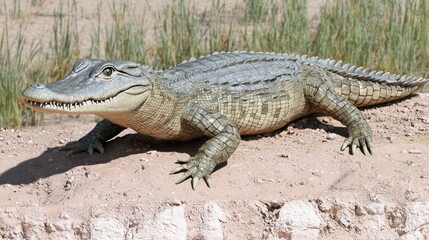 Naklejka premium Realistic crocodile resting on a sandy surface with grass in the background under sunlight