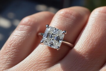 Radiant Cut Diamond Engagement Ring On Finger