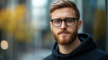 Obraz premium Portrait Young Man Stylish Glasses Casual Hoodie Outdoors Hair Eyes Blue Face City Male Beard Brown 