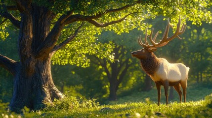 Fototapeta premium Majestic elk standing serenely under a lush tree in a vibrant forest during golden hour