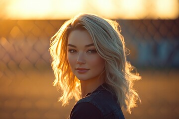 Blonde woman sunset portrait golden hair backlit