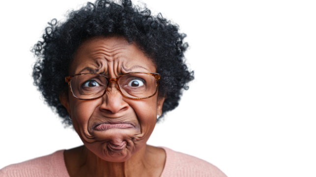 Senior black woman making grimace expressing disgust on transparent background