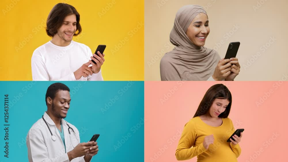 Poster Four individuals from different backgrounds interact with their smartphones. They are expressions of curiosity, joy, and surprise, set against vibrant, contrasting colors.