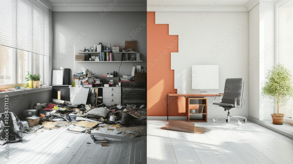 Aufkleber Contrast between cluttered workspace and organized environment showcases the impact of tidiness on productivity and well being. Generative AI