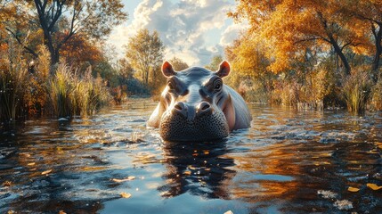 Hippopotamus emerging from serene waters surrounded by autumn foliage under a vibrant sky
