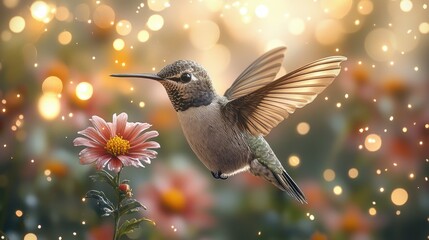 A hummingbird hovering near a vibrant flower in a dreamy garden filled with soft bokeh lights