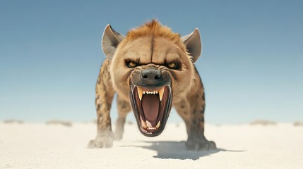 Fierce hyena growling in a sandy landscape under a clear blue sky, showcasing its powerful presence
