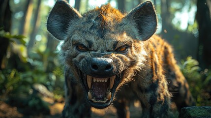 Fierce hyena displaying aggression in a lush forest environment with sunlight filtering through trees