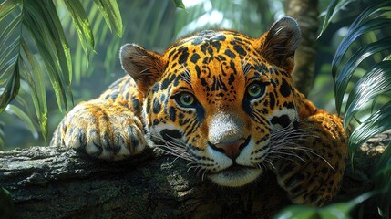 Close-up of a jaguar resting on a tree branch amidst lush green foliage in a vibrant jungle