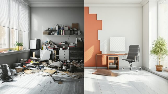 Contrast between cluttered workspace and organized environment showcases the impact of tidiness on productivity and well being. Generative AI