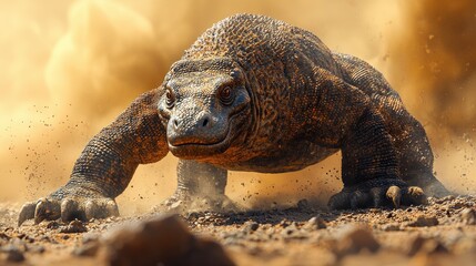 A close-up of a Komodo dragon crawling across a dusty terrain with a hazy background