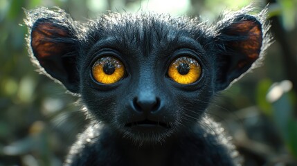 Close-up of a curious black creature with striking golden eyes in a lush green environment