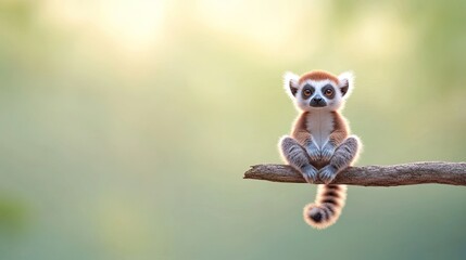Playful lemur perched on a branch in a lush green forest, basking in soft sunlight