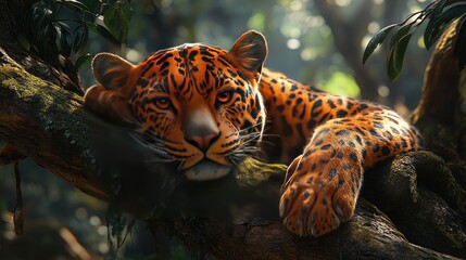 A majestic jaguar resting on a tree branch in a lush green jungle, surrounded by vibrant foliage