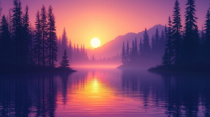Serene Sunrise Over Misty Forest Lake