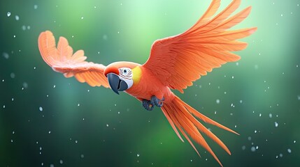 Vibrant Scarlet Macaw in Flight Over Lush Green Forest with Soft Rainfall in Background