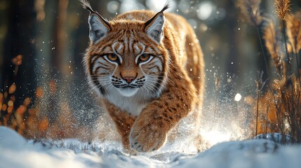 Majestic lynx sprinting through a snowy forest, capturing the essence of wildlife in motion