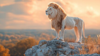 Majestic lion standing on a rocky outcrop during sunset, overlooking a vast landscape