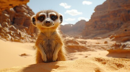 A curious meerkat stands on golden sand in a desert landscape, surrounded by rocky formations