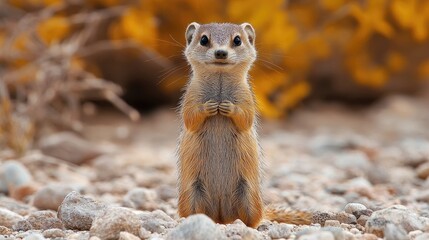 A curious meerkat stands upright on a rocky surface, surrounded by golden foliage in the background