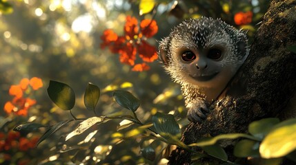 Playful young monkey peeking from a tree branch surrounded by vibrant flowers and foliage