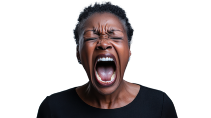 Angry senior black woman shouting with transparent background