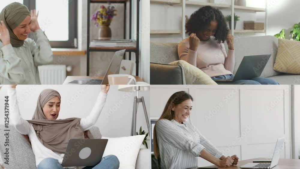 Poster four women are focused on their laptops in different home settings, participating in online work. ea