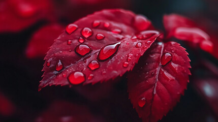 Red Autumn Leaf Water Drops Macro Photography Nature Dew Dark Plant Image Shiny Green Color Fresh   
