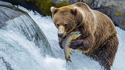 Obraz premium 37.An Adult Brown Bear (Ursus Arctos) Fishing for Salmon at Brooks Falls, Katmai National Park and Preserve, Alaska, United States of America, North America
