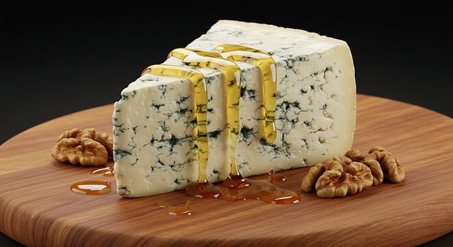 A wedge of blue cheese on a wooden board with walnuts and honey.