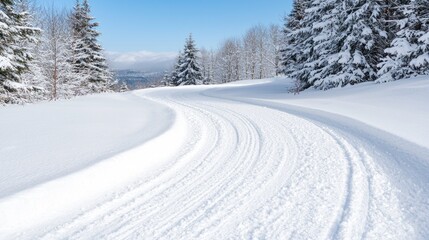 Obraz premium Snowy winter trail winding through a pine forest under a clear sky. Ideal for showcasing winter sports or scenic beauty