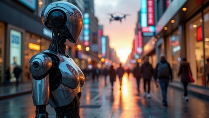 robot standing busy street sunset robot metal has metallic body round head arms facing towards right side street lined shops buildings both sides people walking sidewalk background drone flying sky