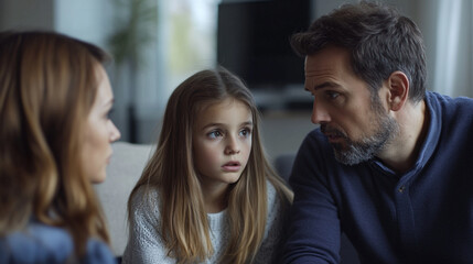 Fototapeta premium Family Discussion Serious Talk Parents Child Home Together love care real life father mother indoor 