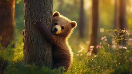 Fototapeta premium 53.A brown bear cub with fluffy fur hugs a tall tree in the middle of a vibrant spring meadow. The cubâ€™s curious expression and small size contrast with the towering trees around it, while the soft