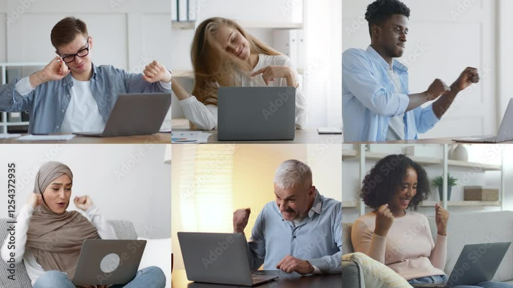Poster a diverse group of six individuals is focused on their laptops, expressing various emotions such as 
