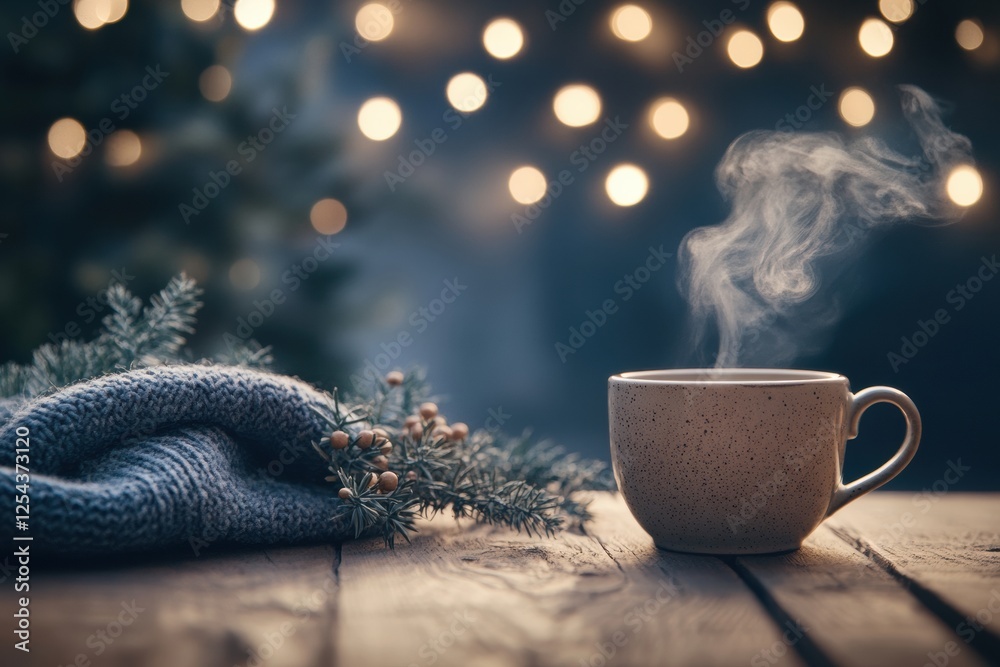 Aufkleber cozy warmth of a steaming coffee cup on a rustic wooden table with holiday lights in the background.