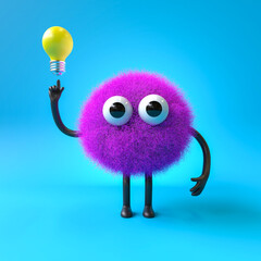 Fluffy, cute monster with a lightbulb, symbolizing ideas and innovation. 3D rendering, conceptual image. Isolated on white background.