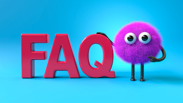 Fluffy, cute monster next to "FAQ" letters, symbolizing help and information. 3D rendering, conceptual image. Isolated on white background.