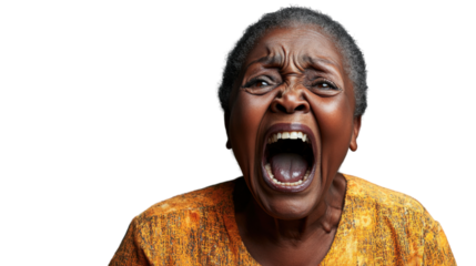 Angry senior woman screaming with transparent background