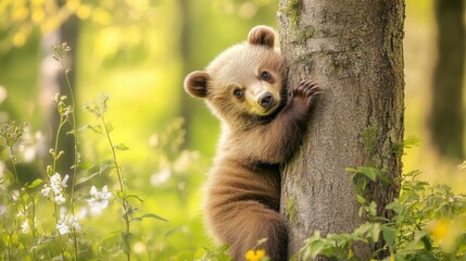 Obraz premium 111.A charming image of an adorable brown bear cub wrapped around a tree trunk in a springtime forest. The cubâ€™s fluffy coat blends harmoniously with the lush green surroundings, as fresh buds and