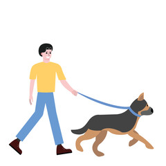 Man walking with dog. Dog running. Flat vector illustration isolated on white background