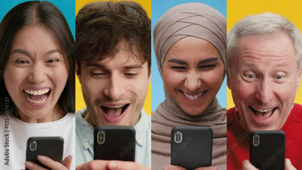 Poster a diverse group of four friends is engaged with their smartphones, displaying expressions of joy and