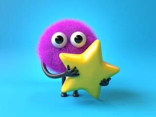 Fluffy, cute monster holding a star, symbolizing achievement or rating. 3D rendering, conceptual image. Isolated on white background.